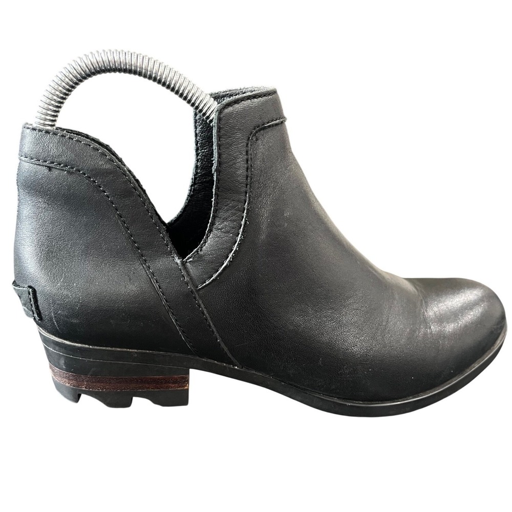 Sorel Lolla Cut-Out Black Leather Ankle Boots Women Stacked Heel Booties SZ 8.5 - Picture 8 of 10